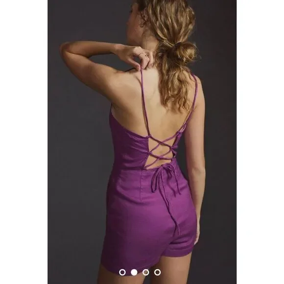 Anthropologie Maeve Tie Back Barbiecore Purple Linen Romper Size 8 NWT - Picture 9 of 11